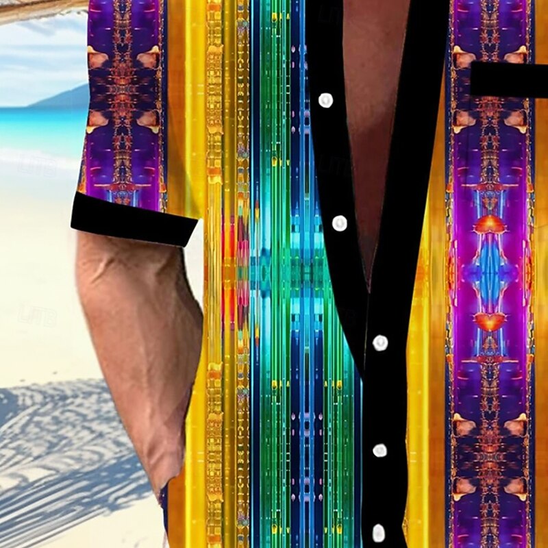 Men's Geometric Dazzle color Shirt Button Up Shirt Short Sleeve Fashion Casual Vacation Streetwear Beach Wear Summer Fall Turndown 3D Print Collared Shirts Front One Pocket Purple2