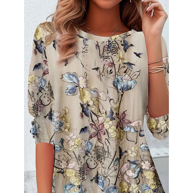 Women's T shirt Long Sleeve Crew Neck Long Sleeve Tunic Floral Casual Regular Tops Daily Print Beige Spring Fall Prefall2