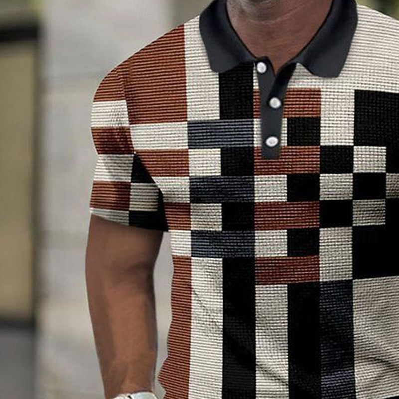 Men's Color Block Waffle Polo Shirts Short Sleeve Polo Shirts Collared Shirts Business Casual Business Athleisure Outdoor clothing Buttons 3D Print Summer Black2