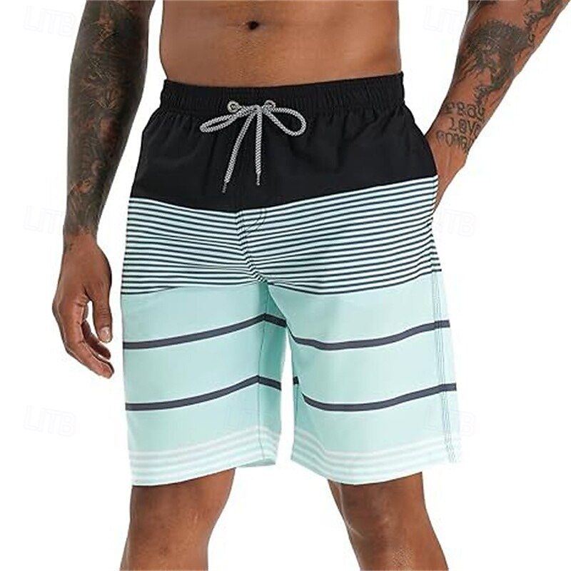 Men's Swim Trunks Swim Shorts 4-Way Stretch Fabric Board Shorts Bottoms Drawstring with Pockets Swimming Surfing Beach Water Sports Stripes Summer Spring