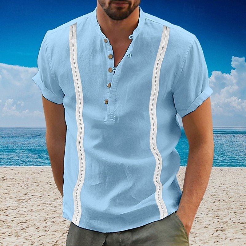 Men's Shirt Popover Shirt Summer Shirt Casual Shirt Beach Shirt Button Up Shirt White Navy Blue Blue Green Short Sleeve Boho Paisley Damask Band Collar Henley Vacation Hawaiian Buckle Clothing Apparel