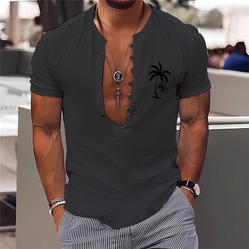 Men's Shirt Minimalist Aloha Shirt Popover Shirt Summer Shirt Casual Shirt Beach Shirt Black White Light Green Blue khaki Short Sleeve Classic Band Collar Henley Vacation Hawaiian Buckle Clothing3