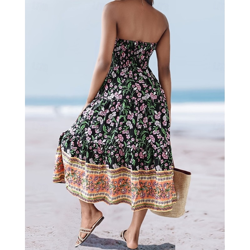 Women's Long Skirt Elegant Maxi High Waist Skirts Floral Geometric Ruched Print Flowy Inelastic Going out Casual Daily Black Red Blue Sky Blue Summer Polyester2