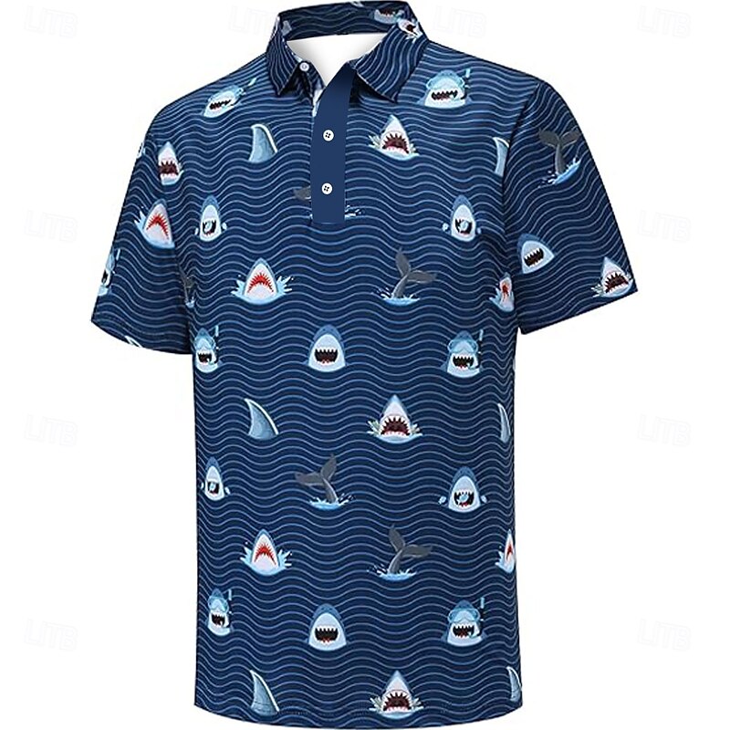 Men's Shark Polo Short Sleeve Polo Shirts Collared Shirts Business Casual Outdoor Daily Wear Home Wear Festival Outfit 3D Print Summer Spring Fall Dark Blue Light Blue2