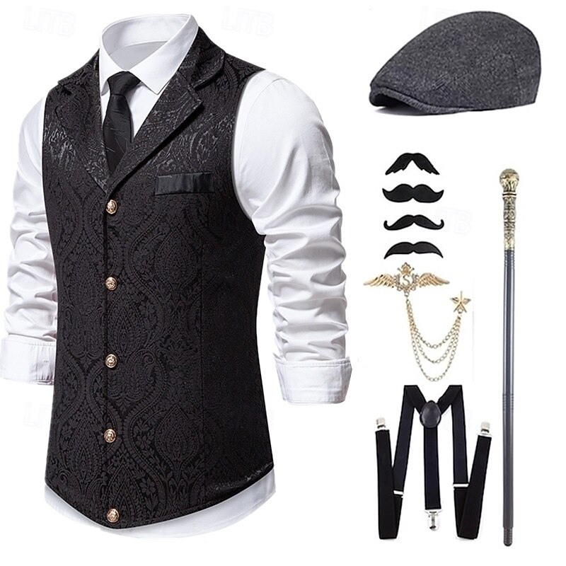 1920s Vintage Inspired The Great Gatsby Party Costume Masquerade Accessories Set Sleeveless Printing Turndown Fancy Dress Men's Halloween Party & Evening Casual Daily Adults' Vest Hat All Seasons4