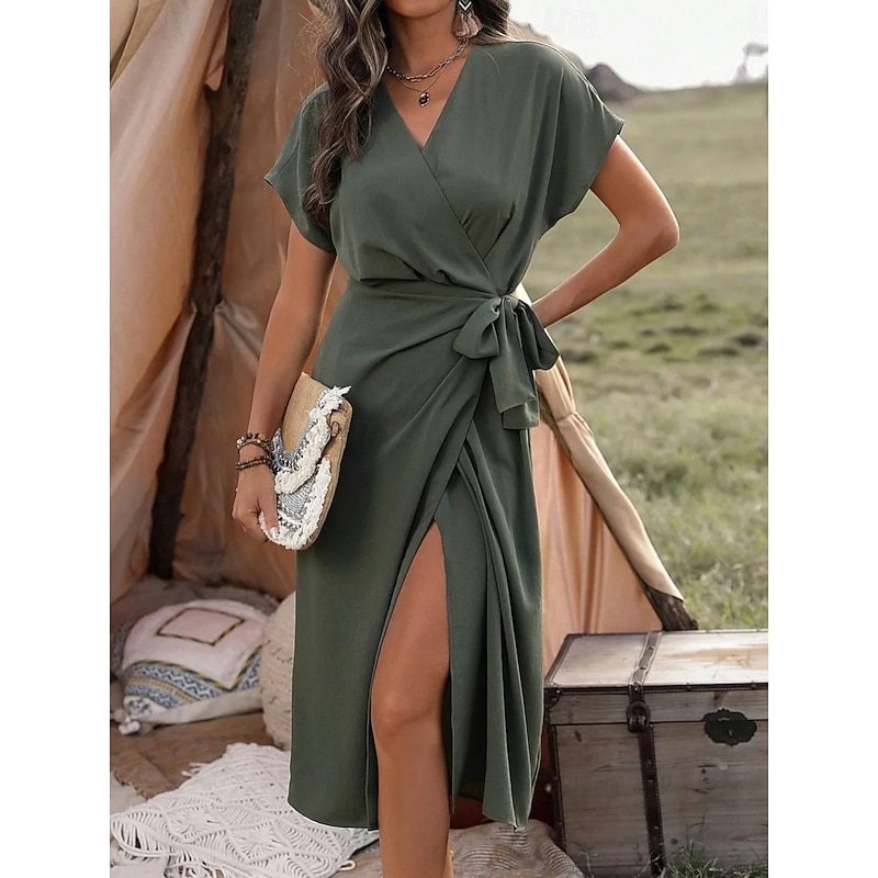 Women's Midi Dress Casual Dress Wrap Dress A Line Dress Basic Casual Vacation Daily Regular Fit Plain Short Sleeve V Neck Blue Brown Green Summer - Main Image