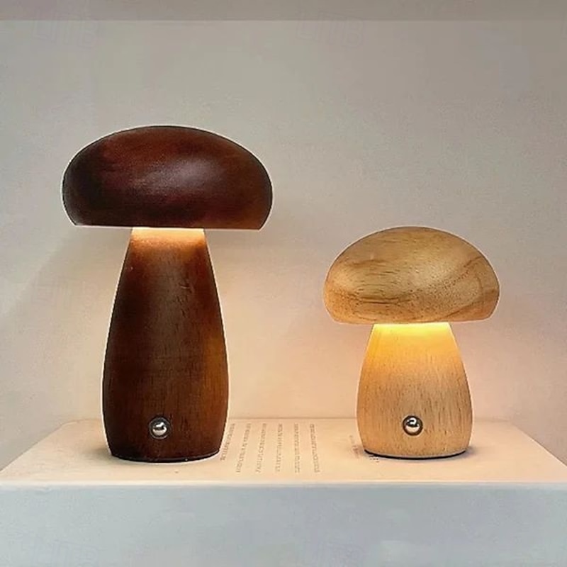 Dimmable LED Mushroom Table Lamp Touch Wooden Office Lamp USB Rechargeable Night Light Bedroom Home Cafe Office Decoration Birthday Gift4
