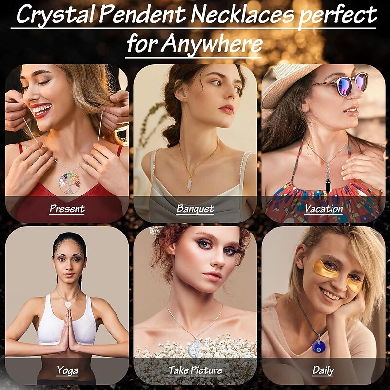 16pc Crystal Pendant Necklace Amethyst Hexagonal Column Evil Eye Braided Wire Tree Of Life Pendant Necklace3