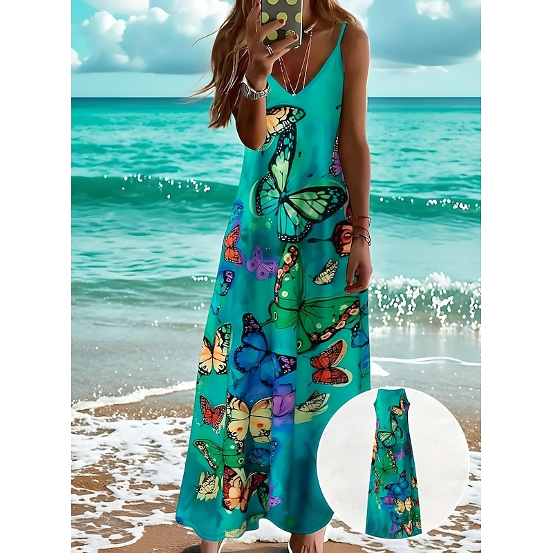 Women's Maxi Dress Casual Dress Sundress A Line Dress Vacation Tropical Casual Vacation Casual Daily Regular Fit Floral Butterfly Sleeveless V Neck Green Summer Spring