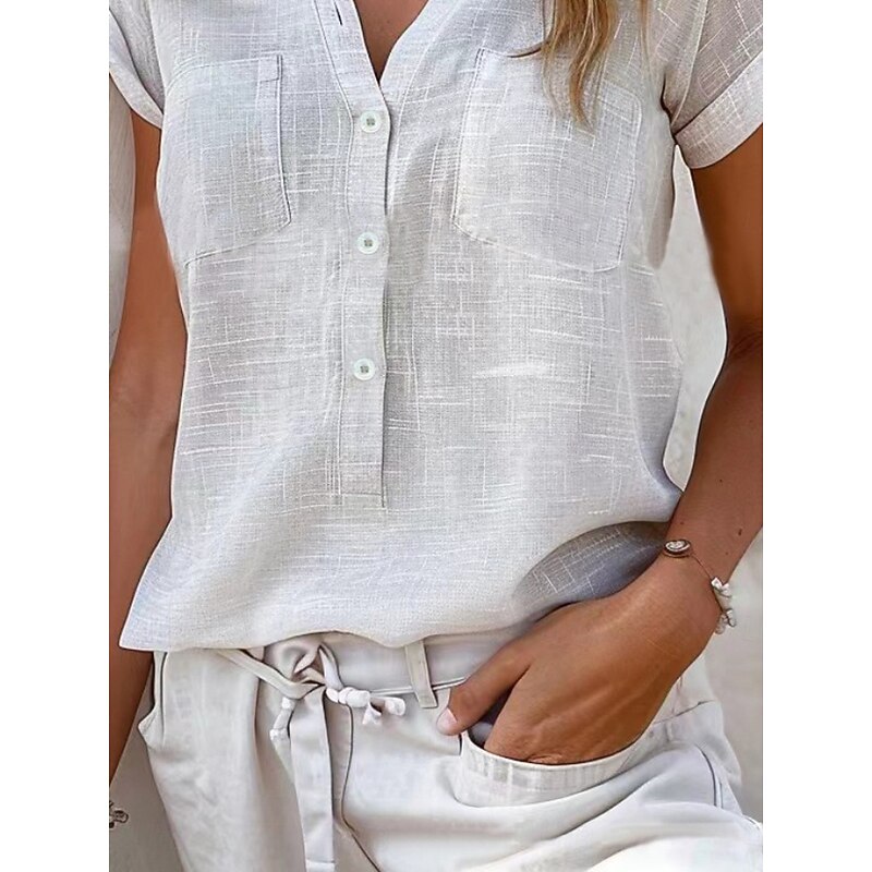 Women's Shirt Linen-Inspired Shirts Button Up Blouse Solid Color Stylish Casual Short Sleeve V Neck Regular Tops Daily Buttons Pocket Black White Pink Khaki Light Blue Summer Spring3