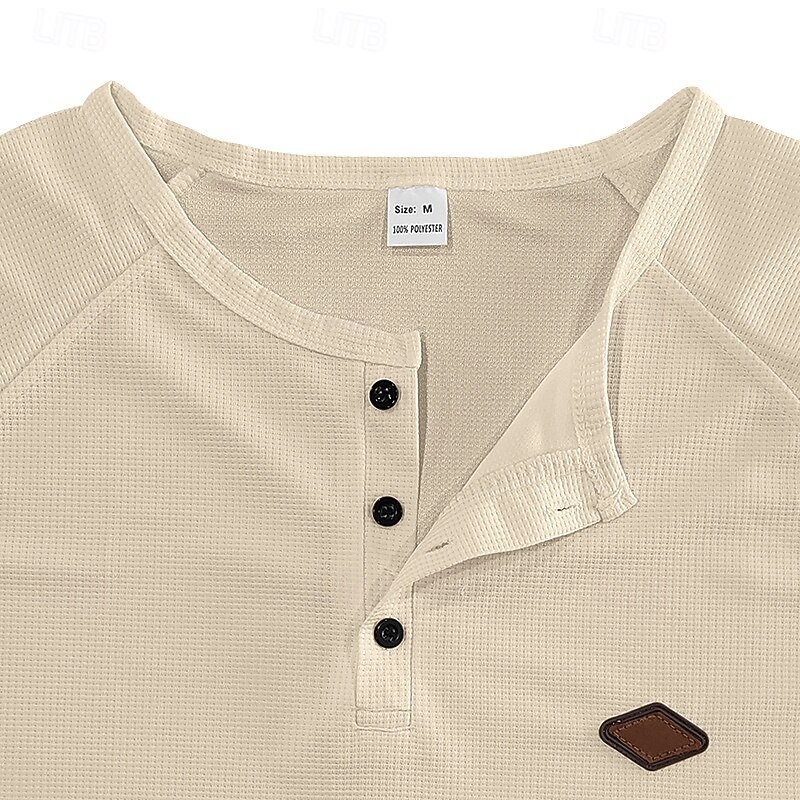 Men's Waffle Shirt Button T Shirt T Shirt Henley Shirt Long Sleeve Henley Spring &  Fall Solid / Plain Color Fashion Designer Raglan Sleeves Vacation Street Going out Apricot Black White Top Tee for4