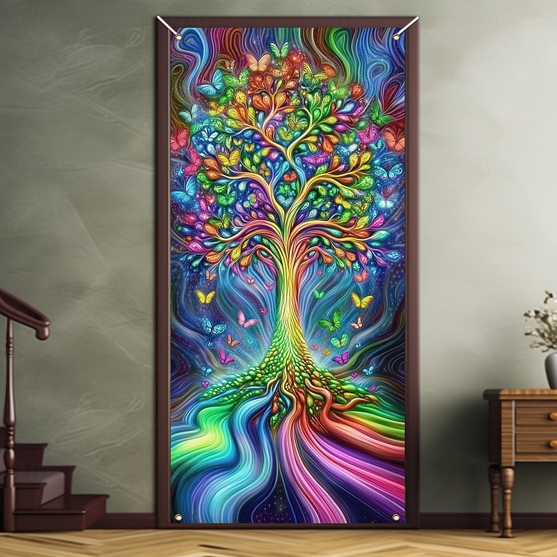 Blacklight Door Decorations Door Covers Glow in the Dark Tree of Life Door Tapestry Door Curtain Decoration Backdrop Indoor/Outdoor Door Banner for Front Door Farmhouse