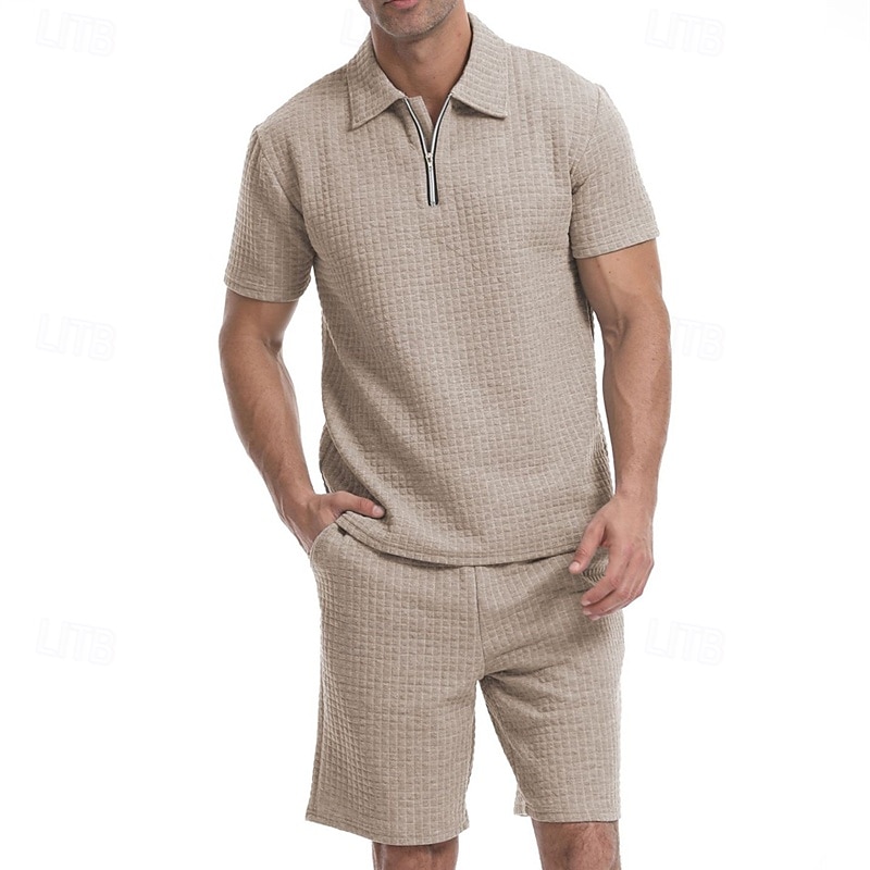 Men's Waffle Tracksuit Polo Shirt & Shorts Set Outfit Set Polo Collar Quarter Zip Outdoor Daily Sports Pocket Drawstring 2 Piece Plain Black White Khaki Polyester Activewear Classic Casual Summer2