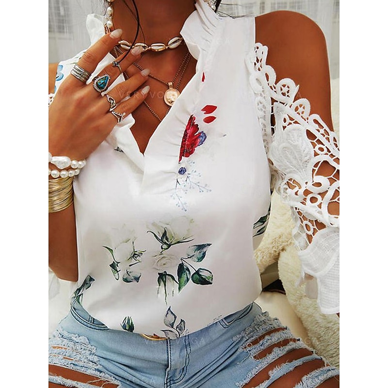 Women's T Shirt Floral Elegant Vintage Fashion Long Sleeve V Neck Regular Tops Daily Going out Weekend Patchwork Eyelet Print White Pink Blue Green Summer Spring