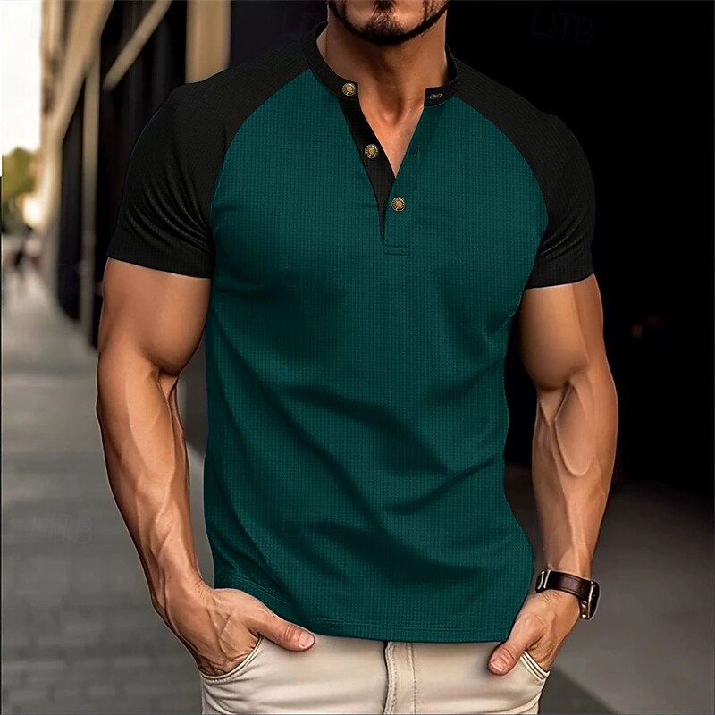 Men's Button T Shirt T Shirt Waffle Henley Shirt Henley Shirt Short Sleeve Henley Summer Color Block Fashion Designer Basic Patchwork Vacation Street Going out Wine Dark Green Khaki Top Tee for Men3