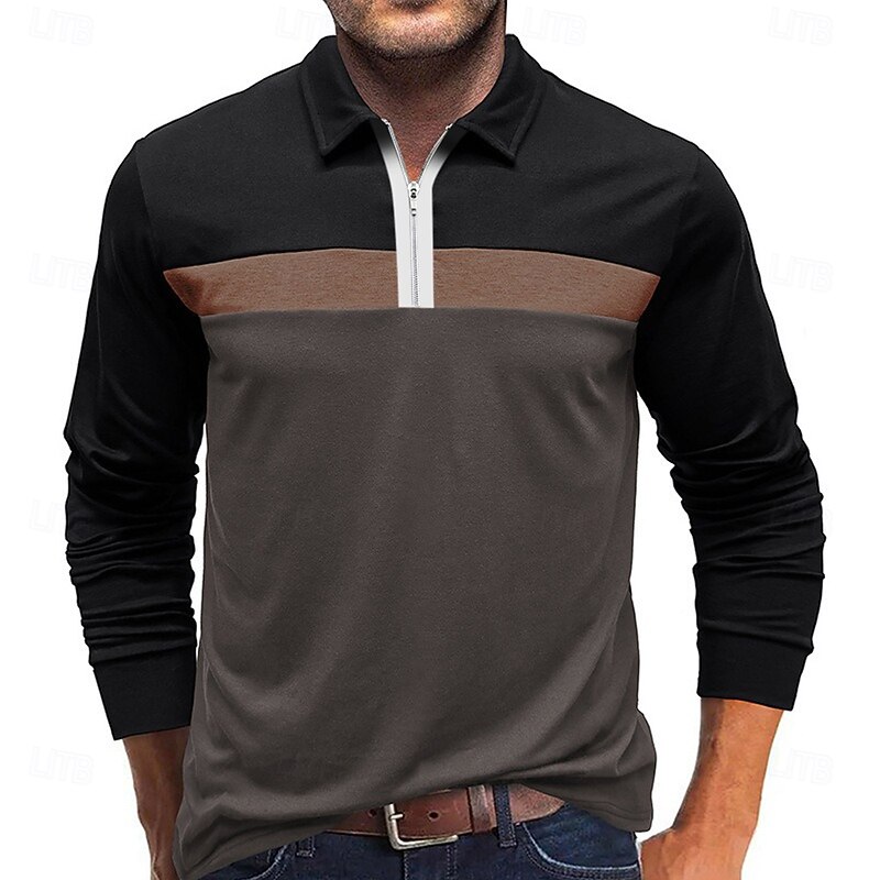 Men's Color Block Rugby Polo Long Sleeve Polo Shirts Quarter Zip Fashion 3D Print Modern Daily Holiday Going out Patchwork Spring &  Fall White Wine Navy Blue3