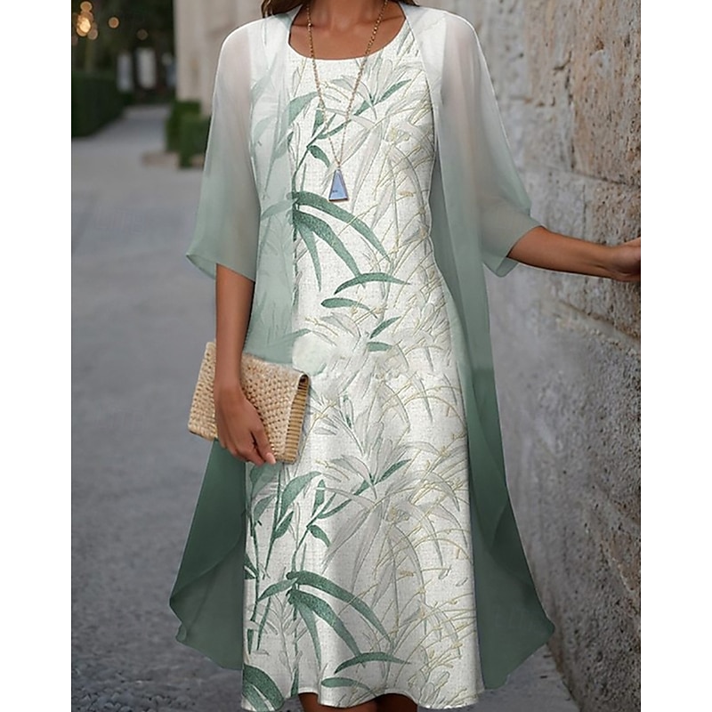 Women's Fashion Streetwear Skirt Sets 3/4 Length Sleeve Bell Sleeve Crew Neck Plant Lace Print Daily Wear Date Blue Green Gray Spring Regular Fit