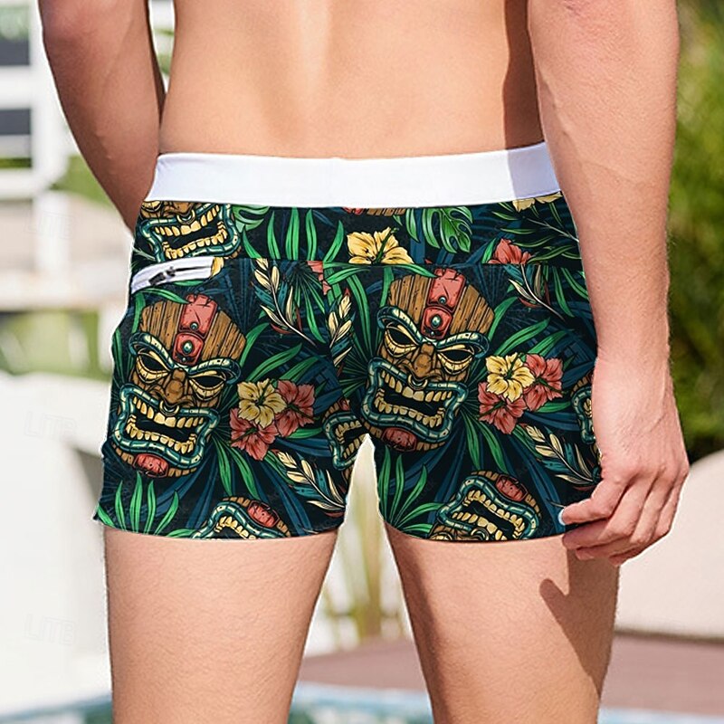 Men's Floral Print Ethnic Tiki Swim Trunks Swim Shorts Board Shorts Mid Waist 3D Print Hawaiian Surfing Holiday Beach Drawstring with Mesh lining Elastic Waist Designer Clothing Apparel2