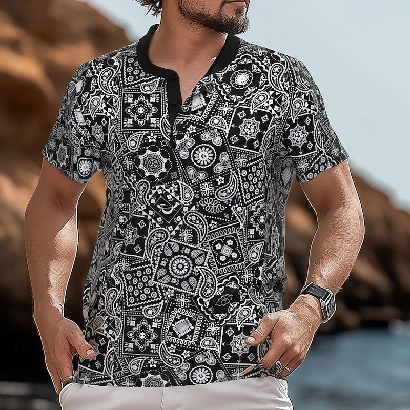 Men's Ethnic Flowers T Shirt Henley Shirt Short Sleeve Designer Retro Vintage Street Casual Daily Summer Spring Black Henley Henley T-Shirt