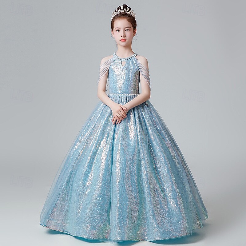 Kids Girls' Party Dress Solid Color Sleeveless Performance Birthday Sequins Elegant Beautiful Polyester Maxi Party Dress Swing Dress A Line Dress Summer 4-12 Years Pink Blue Gold2