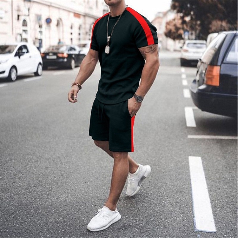 Men's Workout Set Tracksuit T shirt & Shorts Set Outfit Set Crew Neck Outdoor Daily Sports Pocket Drawstring 2 Piece Color Block Lake blue Black / White Wine Red Polyester Activewear Classic Casual