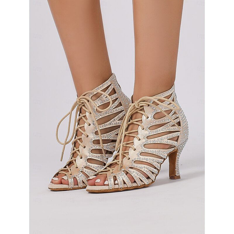 Beige Crystal-Embellished Lace-Up Dance Boots for Women – Rhinestone Detailed Design, Open-Toe, Ideal for Dance Events, Performances, and Special Occasions3