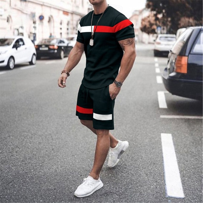 Men's T-shirt Suits 2 Pieces Outfits Tee & Shorts Short Sleeve Crewneck Summer Color Block Fashion Casual 2 Piece Vacation Daily Wear Going out Black Pink White Top Tee for Men4