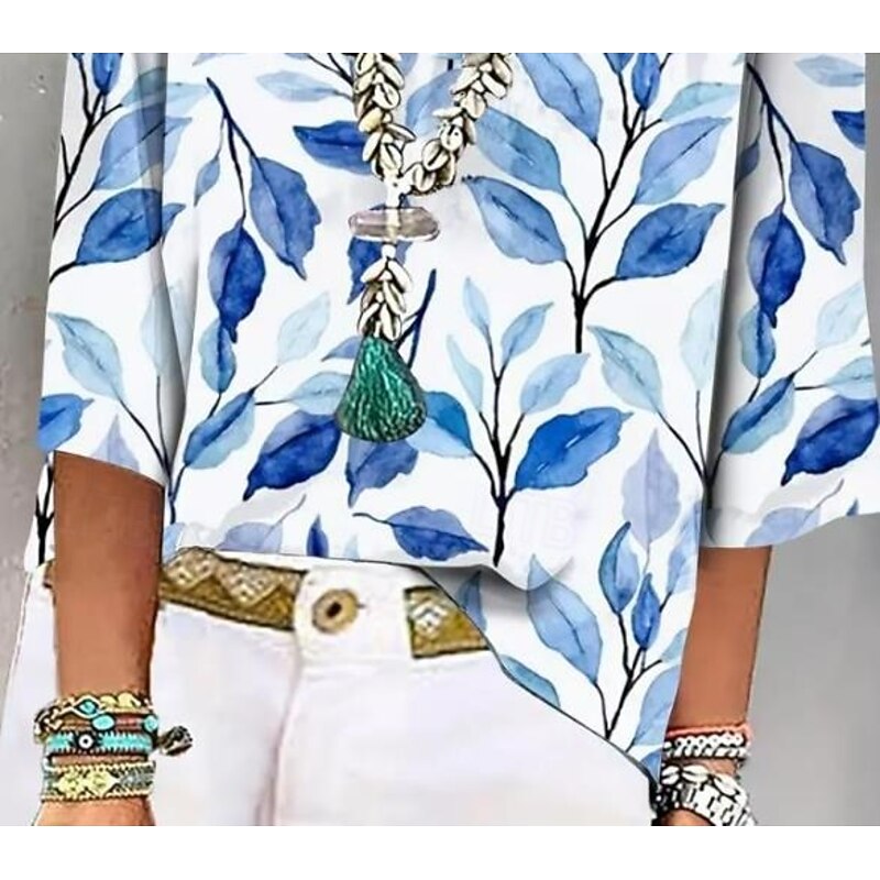 Women's Shirt Button Down Blouse Floral Vintage Tropical Daily 3/4 Length Sleeve V Neck Regular Tops Daily Print Blue Summer Spring3