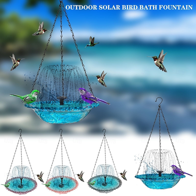 Hanging Bird Bath with Solar Fountain Pump Bird Bath for Outside Solar Bird Bath Multi-Functional Basin Hummingbird Feeder for Bird for Backyard, Patio Garden Yard Decoration2
