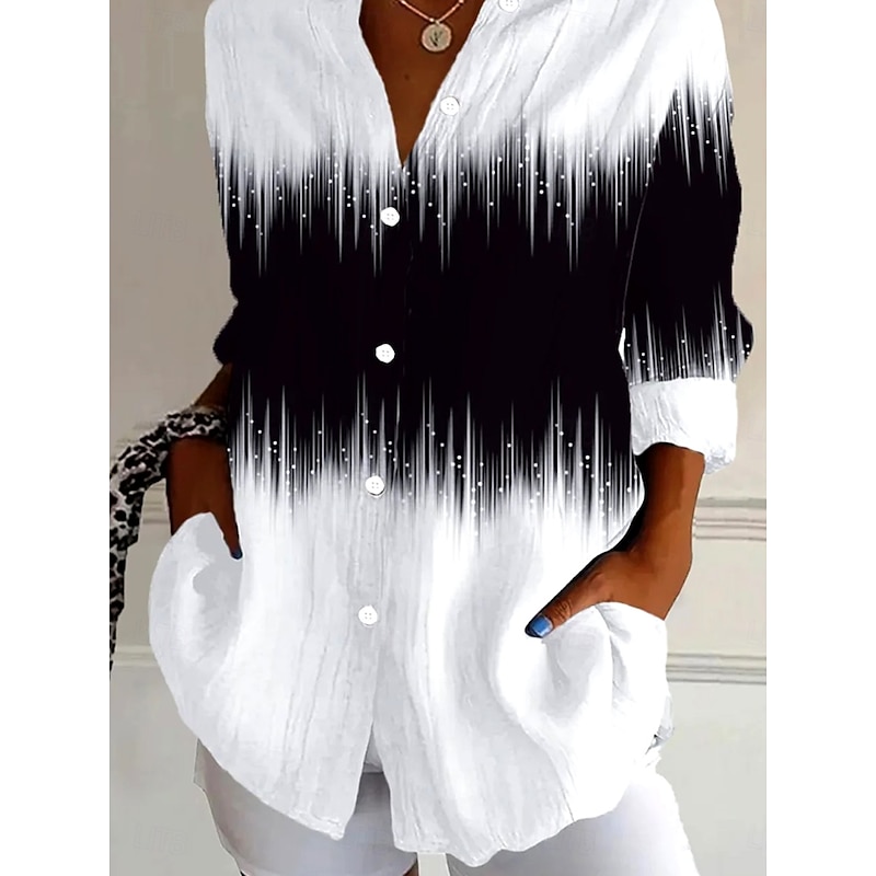 Women's Shirt Button Down Tunic Shirt Collar Long Sleeve Ombre Graphic Daily Stylish Retro Vintage 3/4 Length Sleeve Regular Tops Daily Holiday Going out s Black Spring3