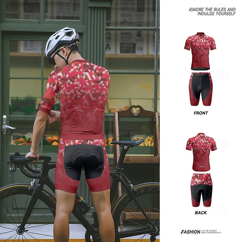 Men's Cycling Jersey with Shorts Geometric Short Sleeve Bike Clothing Suit with 3 Rear Pockets Mountain Bike MTB Road Bike Cycling Front Zipper Sweat wicking Comfortable Breathable Sports Black Red4