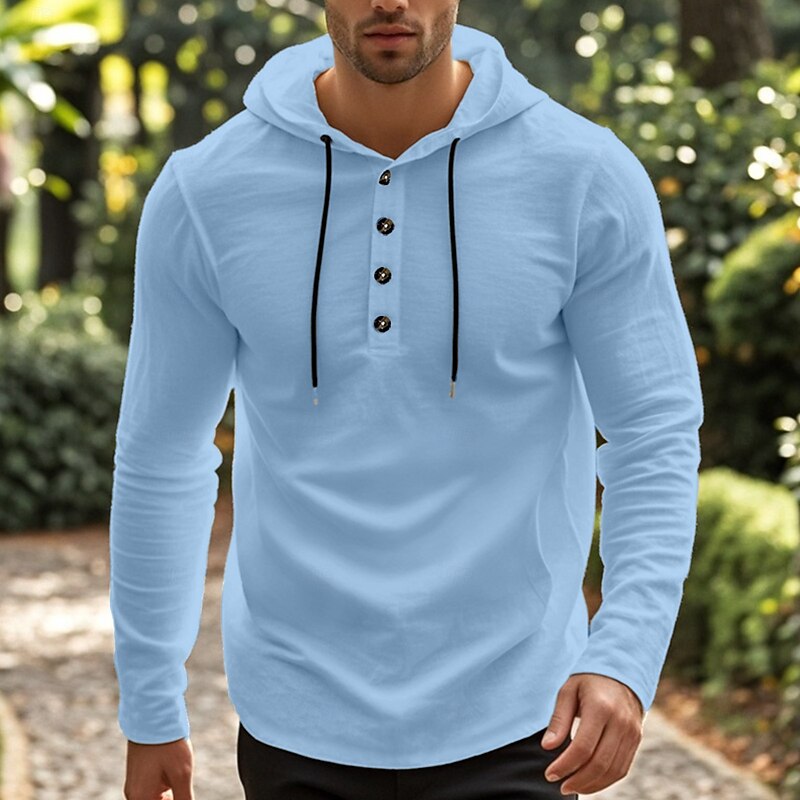 Men's Shirt Beach Wear Hooded Shirt Solid / Plain Color Street Going out Black White Khaki Gray Long Sleeve Hooded Summer Clothing Apparel Adjustable Drawstring Hood