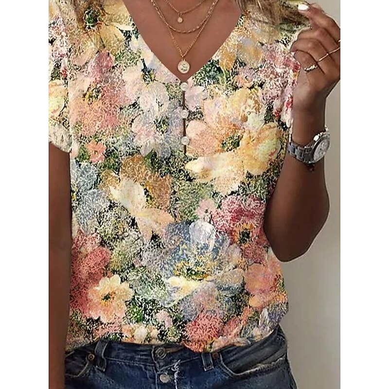 Women's Blouse V Neck Floral Graphic Casual Short Sleeve Regular Tops Daily Buttons Print Yellow Summer2