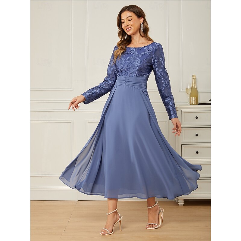 Women's Normal Maxi Dress Lace Dress Chiffon Dress Elegant Stylish Party Wedding Guest Date Regular Fit Solid Color Long Sleeve Crew Neck Blue Summer