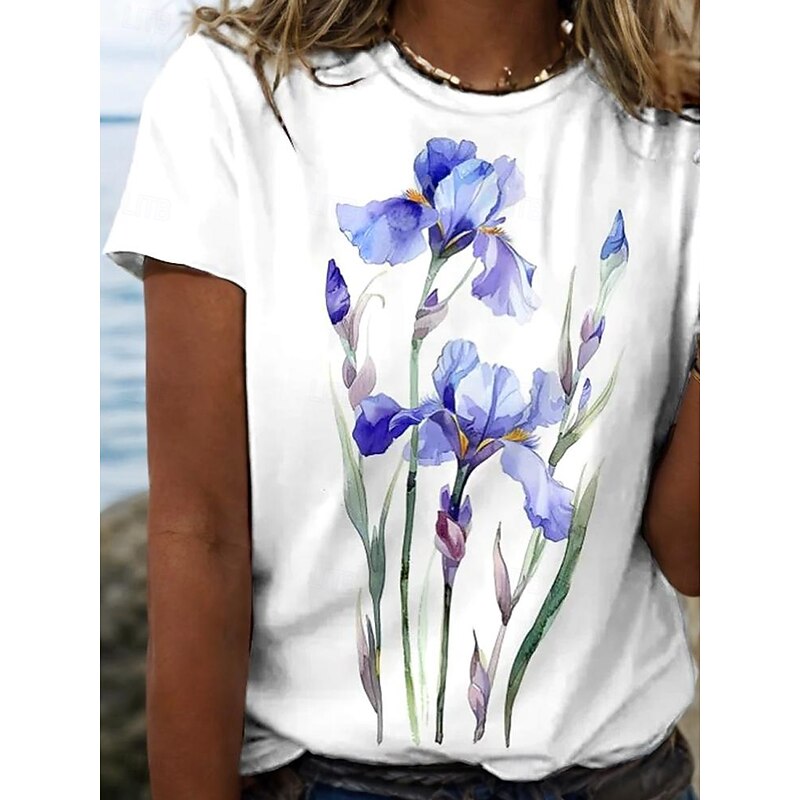 Women's T Shirt Floral Casual Short Sleeve Notched Neck Regular Tops Daily Print White Summer Spring2