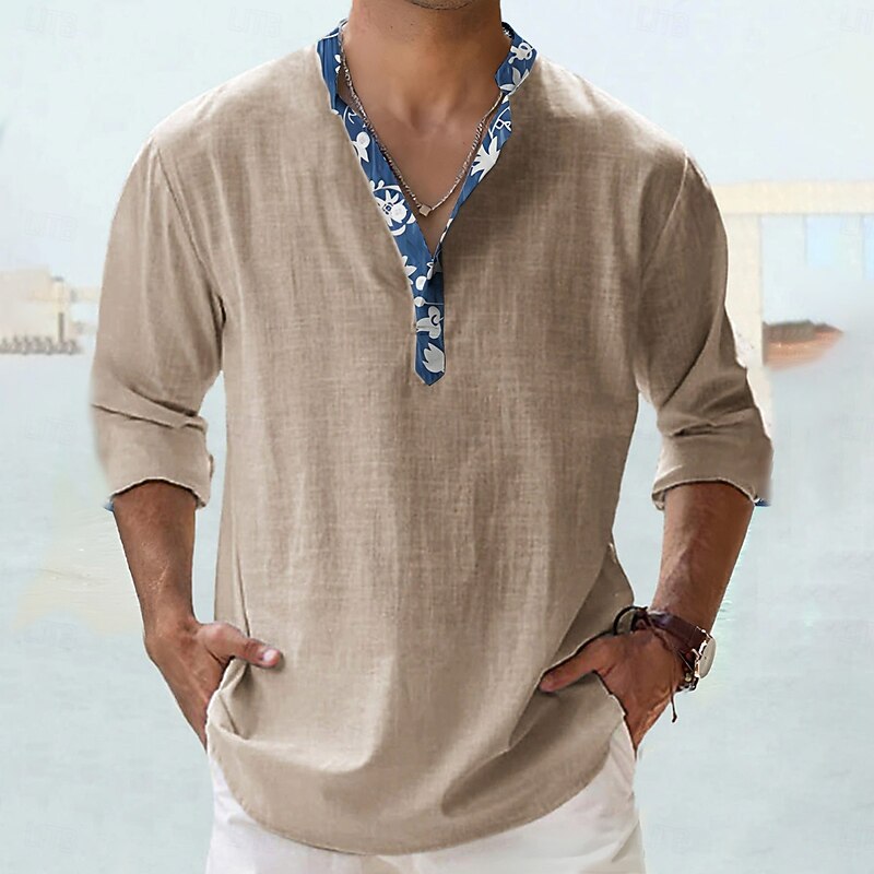 Men's Shirt Popover Shirt Summer Shirt Casual Shirt Beach Shirt Black White Pink Orange Green Long Sleeve Floral Print Solid / Plain Color Band Collar Henley Vacation Hawaiian Buckle Clothing Apparel2