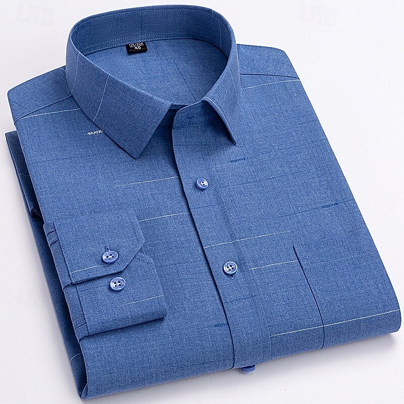 Men's Shirt Dress Shirt Button Up Shirt Plaid Wedding Party Light Blue Navy blue+white Light blue-ginghem Royal Blue Long Sleeve Lapel Spring Fall Clothing Apparel Pocket3
