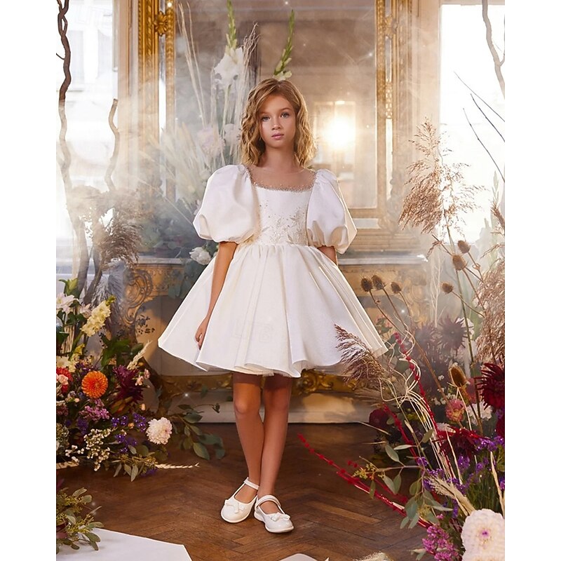 Flower Girl Dress Kid's Girls' Princess Dress Performance Wedding Party Elegant Beautiful Mesh Solid Color Short Sleeve Crew Neck White 4 years+4