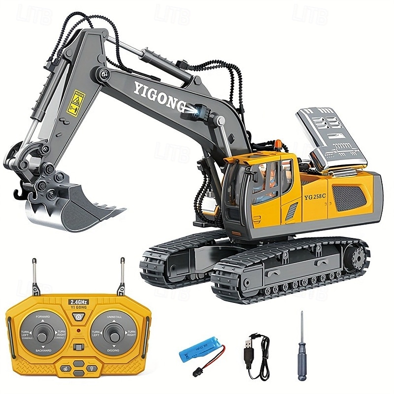 Remote Control Excavator Toy For 6-12 Yr Boys Best Birthday Gifts For Kids 4-7 8 9 10 11 Year Old RC Construction Toys With Metal Shovel Lights Sounds 2.4Ghz