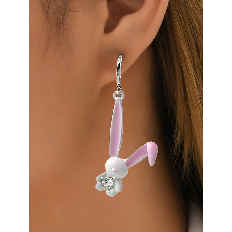 Women's Easter 3D Bunny Rabbit Earrings - Cute bunny design with pink ears and diamond accents, sterling silver hoop, fun and playful jewelry for Easter, casual wear and spring events