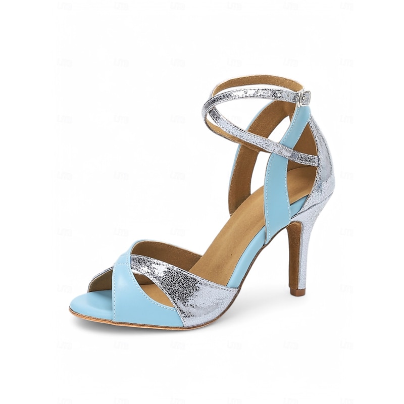 Blue and Silver Metallic Strappy Dance Sandals for Women – High Heel, Adjustable Crisscross Design, Ideal for Dance Performances4