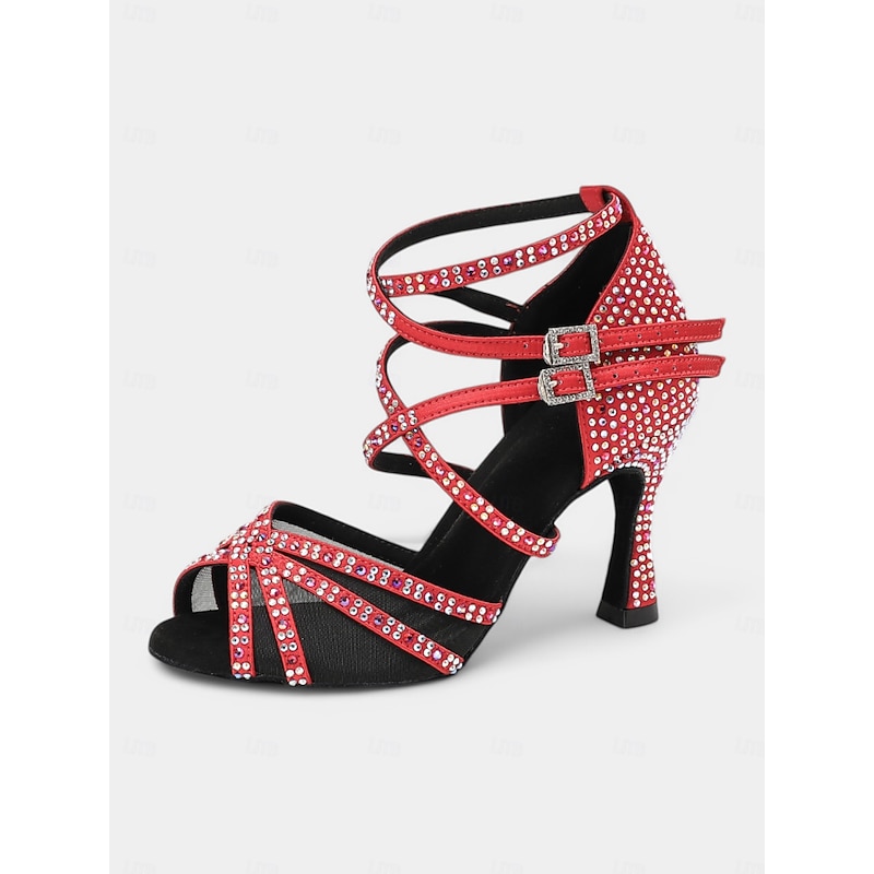 Red Rhinestone-Studded Latin Dance Sandals with Buckle Detail – Perfect for Social Dance, Competitions, and Performances4