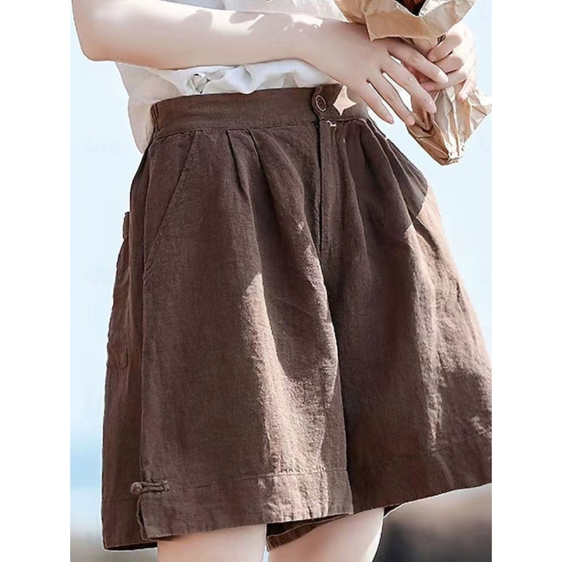 Women's Linen-Inspired Shorts Cotton Linen Pants Culottes Wide Leg Fashion Streetwear Basic Knee Length Medium Waist Plain Pocket Drawstring Comfort Outdoor Micro-elastic Vacation Street Daily rice2