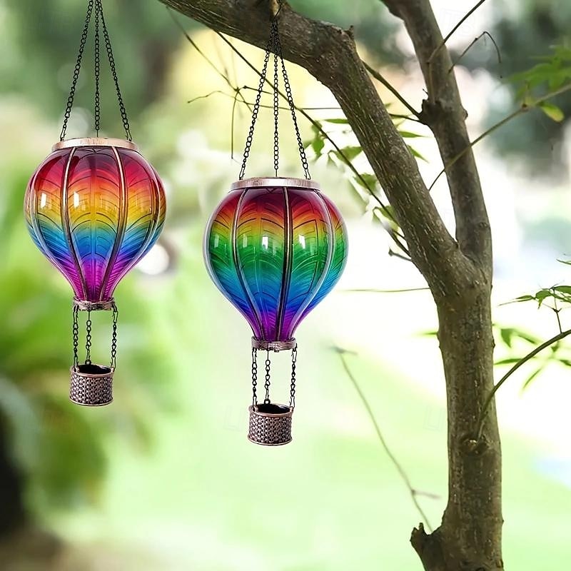 1pc Outdoor Solar  Iron Hot Air Balloon Lamp Multi-Color Gradient Flame Light for Courtyard, Garden, Path, Lawn, Wedding, Festival and Party Atmosphere4