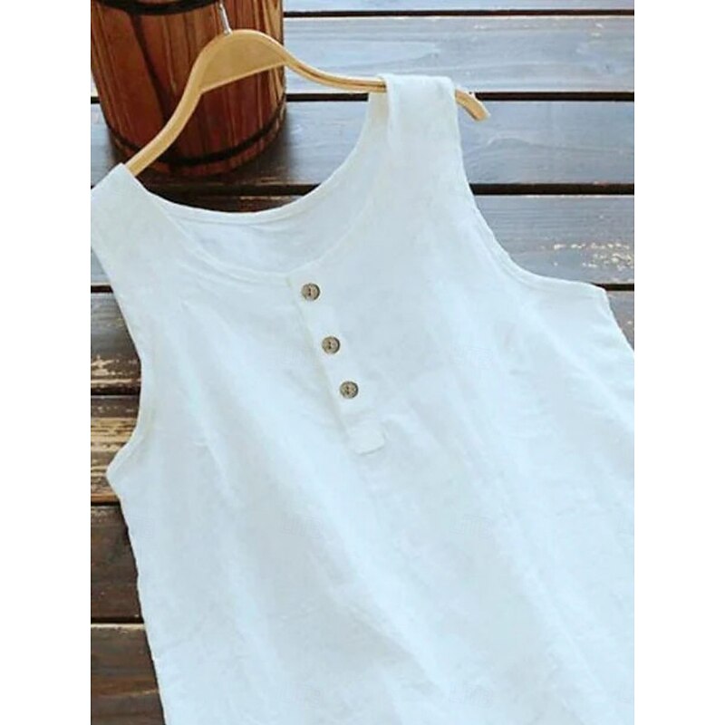 Women's Shirt Linen-Inspired Shirts Blouse Solid Color Basic Casual Sleeveless Crew Neck Regular Tops Daily Buttons Black White Pink Blue Gray Summer4