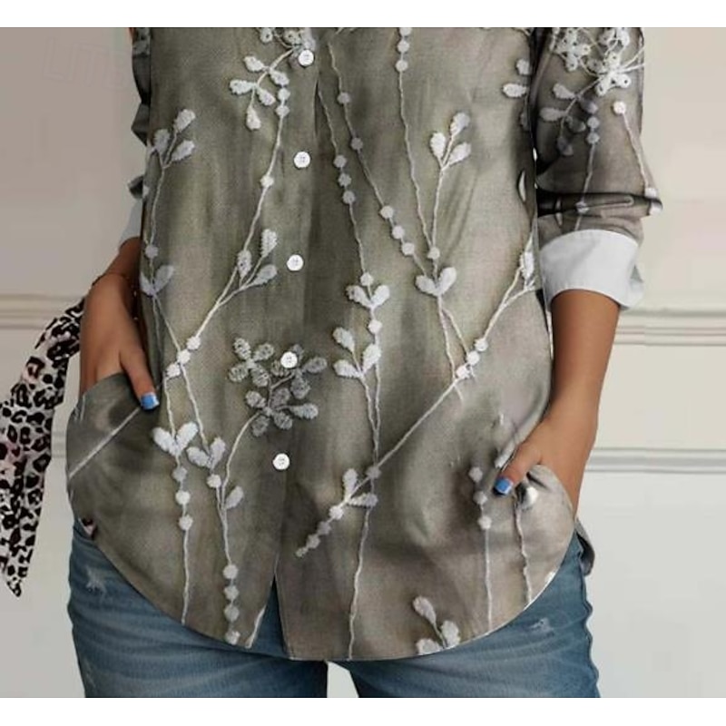 Women's Shirt Button Down Tunic Shirt Collar Long Sleeve Floral Elegant Vintage Daily Regular Tops Work Daily Linen Like s Print Sage Green Spring3