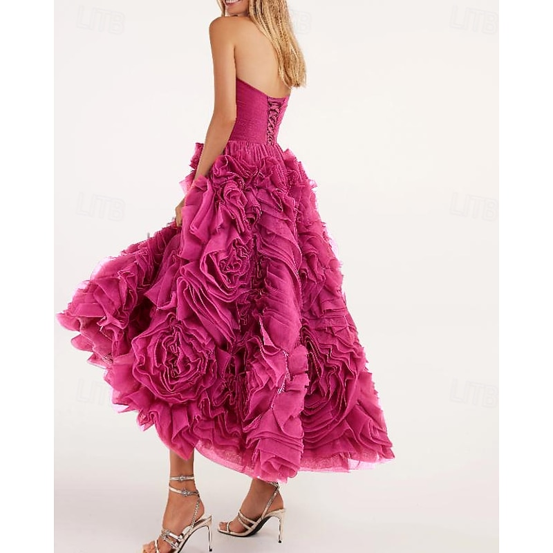 Beach Wedding A-Line Prom Dresses Floral Dress Wedding Guest Quinceanera Ankle Length Sleeveless Strapless Tulle Backless with Ruched2