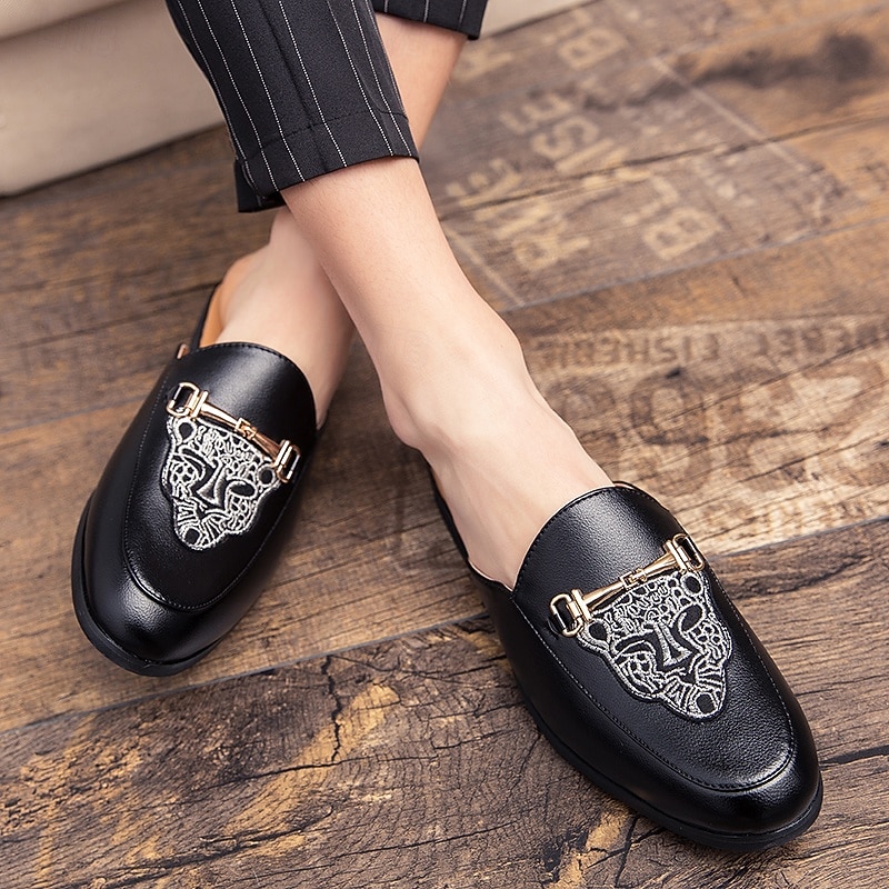 Men's Black Slip-On Loafers with Embossed Logo and Gold Accent, Casual Flat Shoes for Daily Wear and Office2