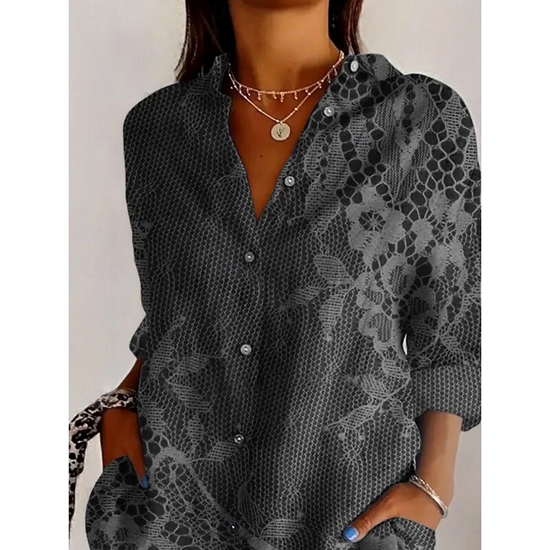 Women's Shirt Button Down Tunic Shirt Collar Long Sleeve 3D Print Floral Graphic Daily Stylish Retro Vintage Regular Tops Daily Holiday Going out s Black Spring2