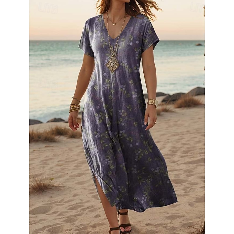 Women's Maxi Dress Casual Dress A Line Dress Stylish Casual Vacation Daily Regular Fit Floral Vintage Short Sleeve V Neck Light Green Blue Purple Dark Blue Summer Spring4